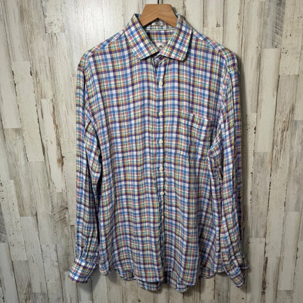 Peter Millar Crown Crafted Plaid Pastel 100% Linen Button Up Shirt Mens Size L‎
